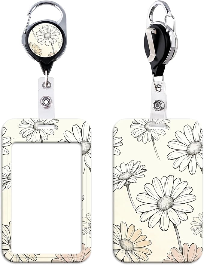 White Daisy Retractable ID Badge Holder Reel Cute Flowers Badge Reel by beemorita