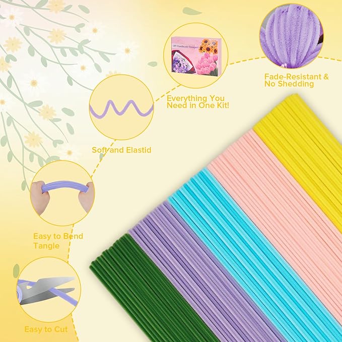 500 PCS Pipe Cleaners Craft Kit for Flower Making Daisy DIY Material Bundle with 20 Stems, 100 Stamens, Ribbon, Tulle, Glue Sticks & Step-by-Step Guide - Vibrant Colors, Non-Shedding, Fade-Resistant-DeskLoop Office