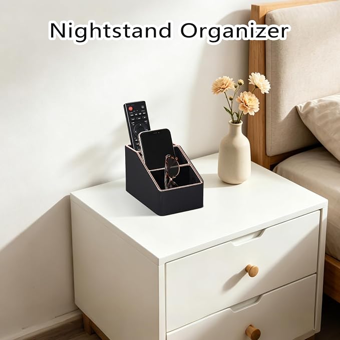 Rose Gold Edge Inlaid Leather Desktop Organizer, Remote Control Holder - Image 4
