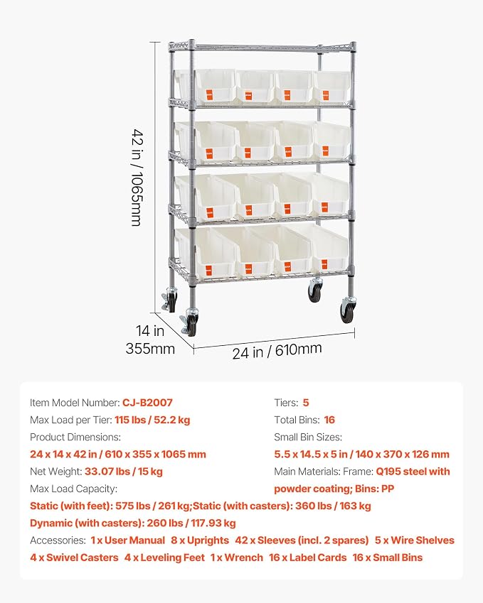 VEVOR 5-Tier Rolling Bin Storage Rack, 16 Organizer Bins, Bin Rack Storage - Image 3