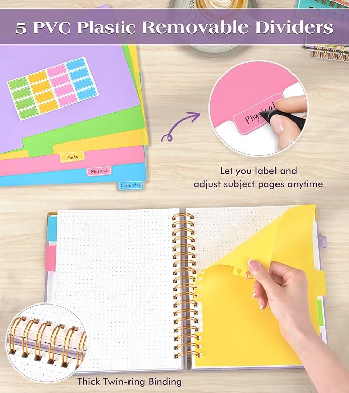 5 Subject Dotted Notebook with Removable Dividers Tabs, 300 Pages Hardcover - Image 3