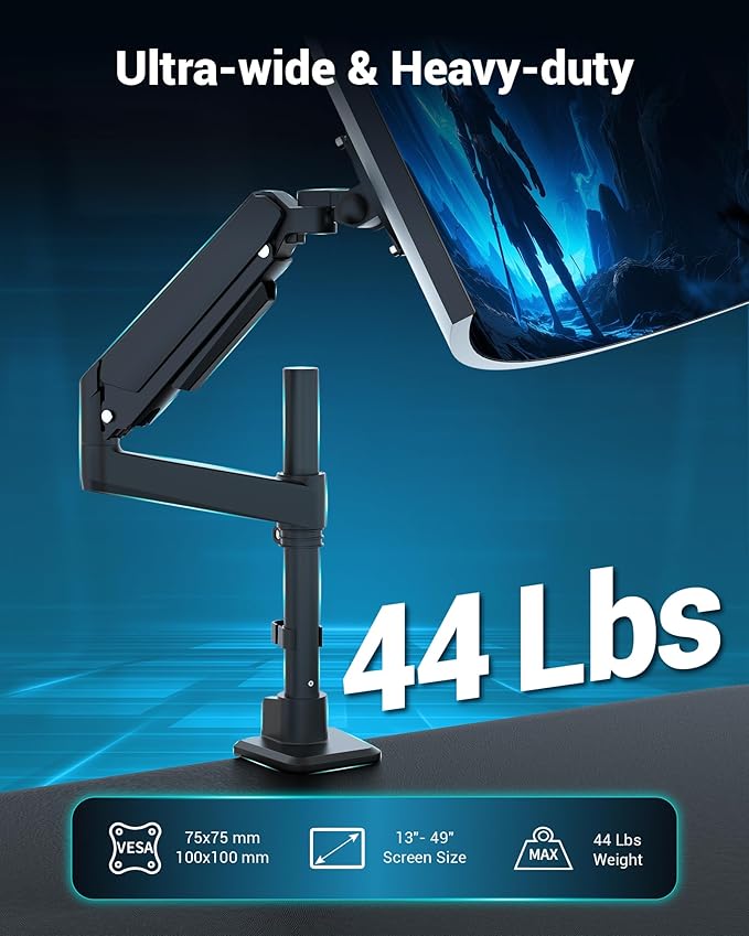 Heavy Duty Monitor Arm for 13-49 Inch Ultrawide Screens, Holds Up to 44lbs, Fully Adjustable Single Monitor Mount, with Clamp & Grommet Base, 75/100mm VESA Desk Mount, Black-DeskLoop Office