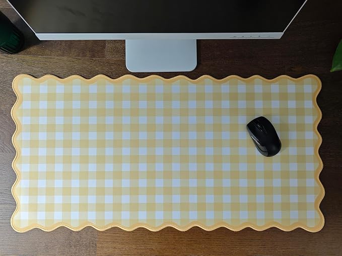 Scalloped‌ Checkered Gingham Desk Mat Cute Yellow Pastel Large Mouse Pad Kawaii - Image 6