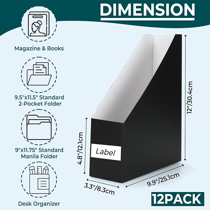 EXYGLO 12 Pack Black Magazine File Holder, Cardboard Magazine Rack - Image 2