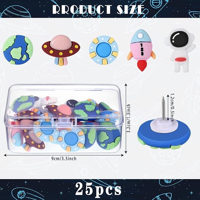 Pajean 25 Pcs Cute Space Push Pins Office Pins Rocket Spaceship Astronaut Space - Image 2