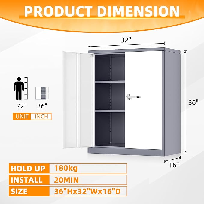 INTERGREAT Metal Cabinet with Lock, Lockable Metal Storage Cabinets with Doors and Shelves for Garage, Grey White Locking Garage Storage Cabinets 36"×32"×16"-DeskLoop Office