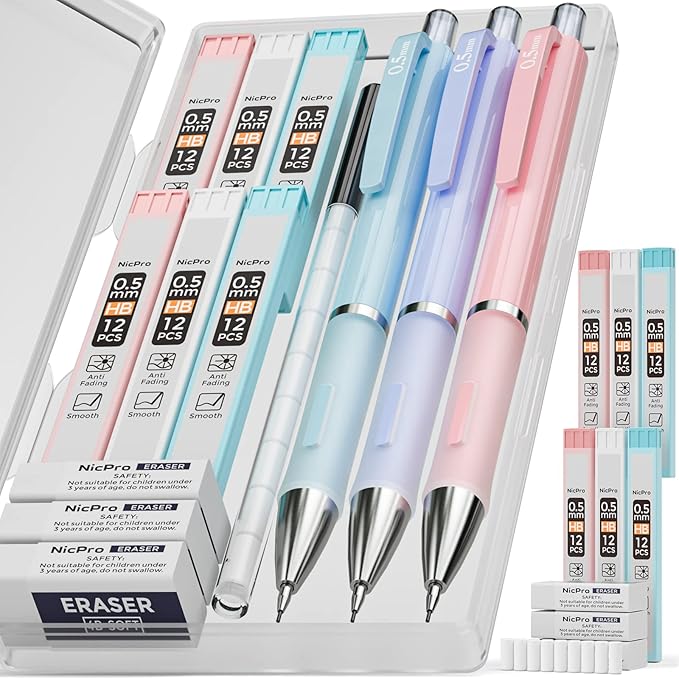 Nicpro 3PCS Pastel Mechanical Pencil Set, 0.5 Mechanical Pencils by Nicpro