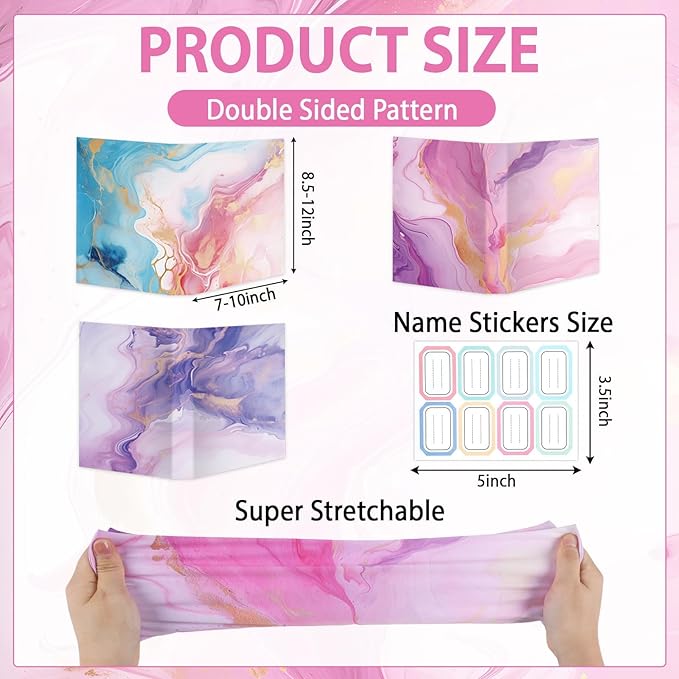 Jumbo Stretchable Book Covers 8PCS Reusable Fabric Book Cover with Label 9x11in Marble Print Protective Sleeve for Hardcover Books Textbook Cover for School Fits Most Book Sizes Up to 10x12.5in-DeskLoop Office