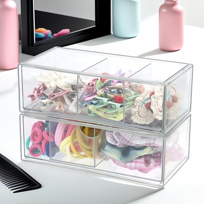 Set of 2 Stackable Storage Drawers - 7.8" Clear Plastic Drawer Storage, Acrylic Makeup Organizer, Desk Counter Cabinet Office Organizer, Bathroom Organizers and Storage (3 Grid/Set of 2)-DeskLoop Office