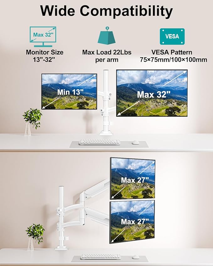 Dual Monitor Stand for Desk, Taller Monitor Arms for 2 Screens up to 32 inch, Ergonomic Adjustable Gas Spring Double Computer Monitor Mount, Holds 4.4-22lbs, VESA 75/100mm, White, Freelift-DeskLoop Office