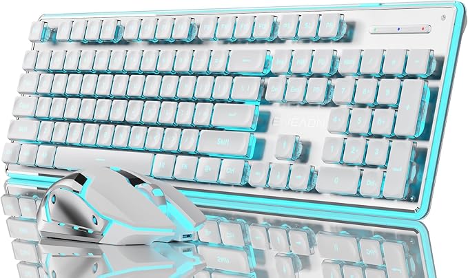 EWEADN V3 Wireless Keyboard and Mouse with Blue Backlit, Metal Panel, Bluetooth/2.4G Rechargeable Computer Keyboard and Mouse Combo Silent Lighted Full Size Cute Keyboards-White-DeskLoop Office