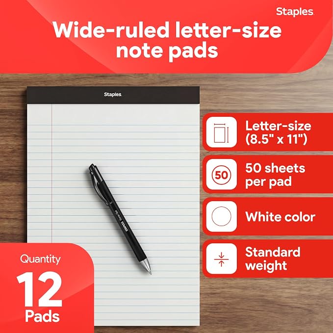 STAPLES Legal Pads, 8.5” x 11”, Wide Ruled, Perforated, 50 Sheets/Pad - Image 2