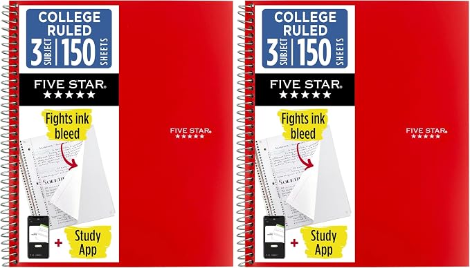 Five Star Spiral Notebook + Study App, 3 Subject, College Ruled Paper, Fights by FiveStar