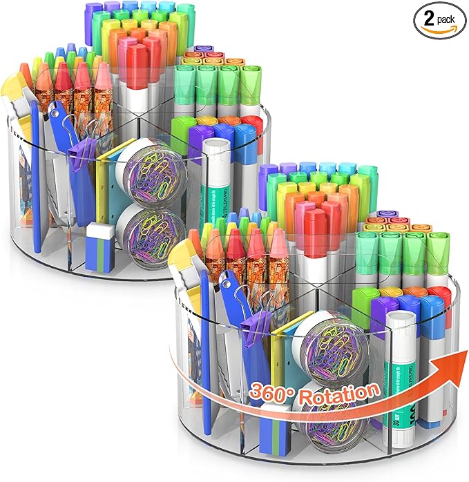 Acrylic Pen Holder, 2 Pack 360 Rotating Organizer With 6 Compartments, Desk Office Storage for 800 Pens, Markers, Crayons and Art Supplies-DeskLoop Office