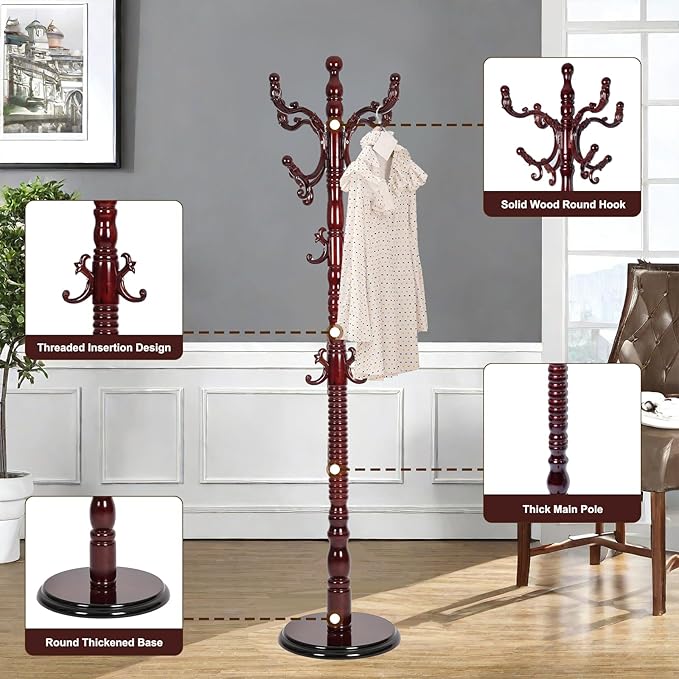 Solid Wood Coat Rack – 73" Freestanding Coat Racks Stand with 14 Hooks & Stable Round Base, Adjustable Height Modern Wooden Hall Tree for Entryway, Bedroom, Office, Home (Mahogany Round)-DeskLoop Office