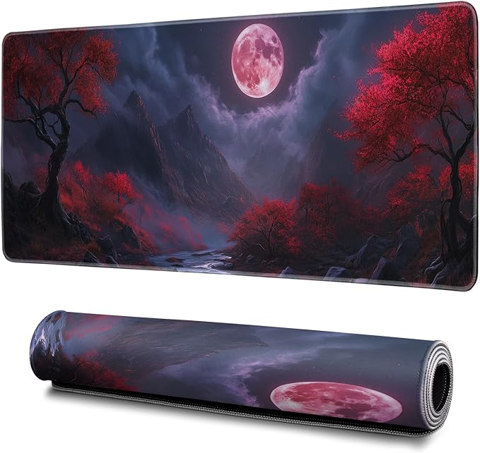 Darkness Red Moon Mouse Pad Abstract Red Mouse Pad 31.5x11.8 Inch Texture by Hahaluo