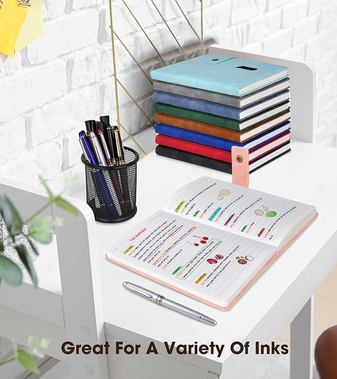 Pink A5 Lined Leather Journal Notebook for Men Women,5.9" X 8.4" Personalized Hardcover Journal with Pen,200 Pages 100 Gsm Thick Ruled Paper Daily Diary for Travel,Business,Work,Writing-DeskLoop Office