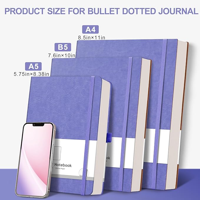 AHGXG Bullet Dotted Journal - 320 Numbered Pages Dot Grid Notebook A5 Thick Journal, 100gsm Thick Dotted Paper, Leather Hardcover,Inner Pocket, 5.75'' × 8.38''-Light Purple-DeskLoop Office