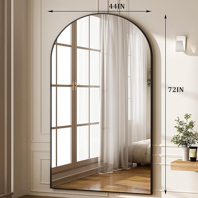 GLSLAND 72" x 44" Arched Full Length Mirror - Oversized Aluminum Alloy Frame Full Body Floor Mirrors with Stand Wall Mounted for Bedroom/Living Room, Black-DeskLoop Office