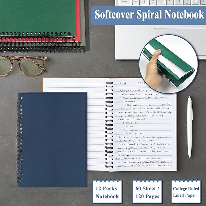 GINMLYDA Small Spiral Notebook 12Pack, 120 Lined Pages 8.25x5.50 Inches Spiral Journal Kraft Cover Notebooks & Writing Pads for School Home Office Aesthetic Sketch Drawing Note-DeskLoop Office