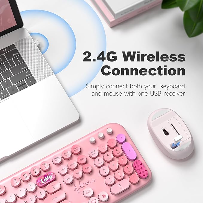 Wireless Keyboard and Mouse, Typewriter Full Size Keyboard with Number Pad and 2 in 1 USB Connected Mouse for Windows 7/8/10, Laptop, Desktop, PC, Computer (Pink Colorful)-DeskLoop Office