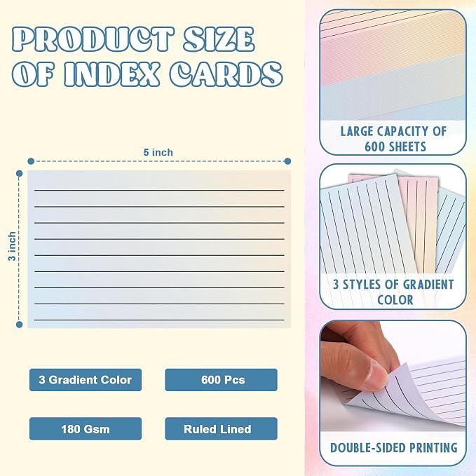 600 Pack Ruled Index Cards 3x5 Gradient Colored Index Cards Heavy Weight Note - Image 2