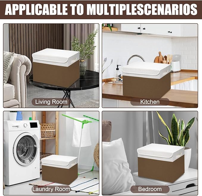 Large 17" 42 Quarts Collapsible Stackable Storage Bins with Lids [3-Pack] Foldable Fabric Linen Storage Boxes Cube, Closet Organizer Baskets with Label for Home (16.7 x 12 x 12", Brown & White)-DeskLoop Office