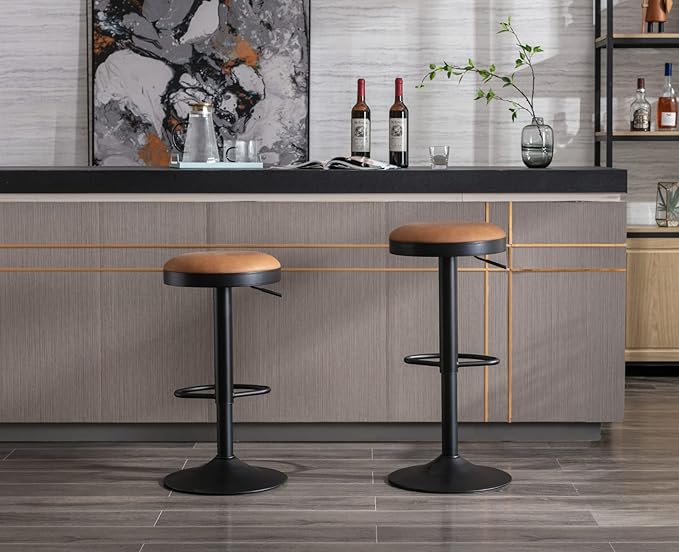Round Swivel Counter Height Bar Stools Set of 2 Modern Adjustable Barstools Backless PU Leather Bar Chairs Industrial Island Chairs with Metal Base/Footrest for Kitchen Island/Pub/Bar, Brown-DeskLoop Office