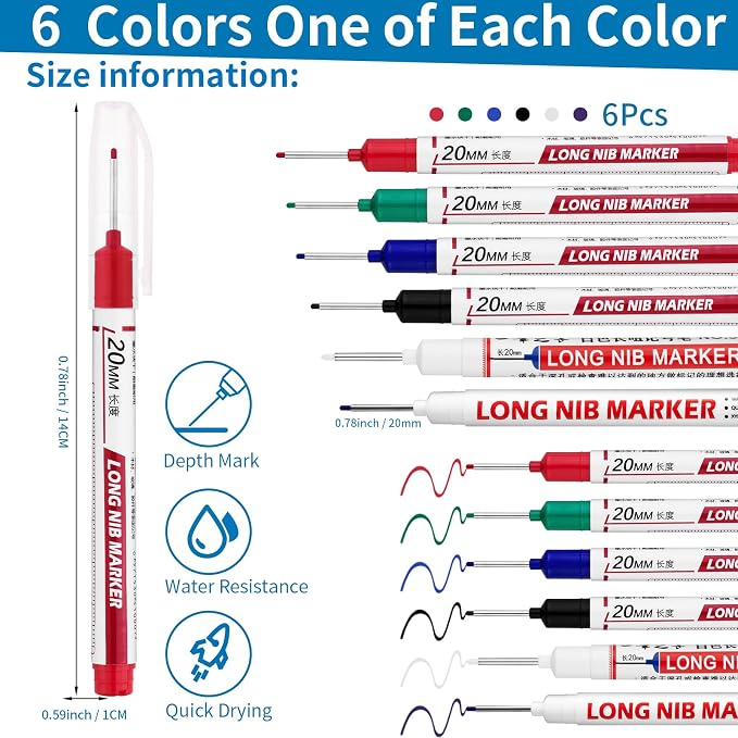 6 PCS Long Head Deep Hole Marker Pens, 20mm Long Nib Marker, Longs Nose Markers - Image 2