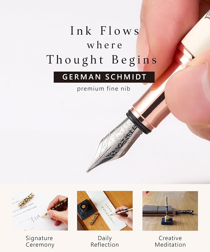 Luxury Fountain Pen Set With Stand - Museum Art Collections - Crafting Timeless Beauty - the Best Gift & Office Desk Decor, German SCHMIDT Fine Nib, Solid Metal & Marble Texture-DeskLoop Office