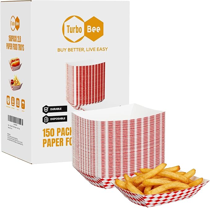 Turbo Bee Red White Checkered Paper Food Trays 2lb, 150 Pack by TurboBee
