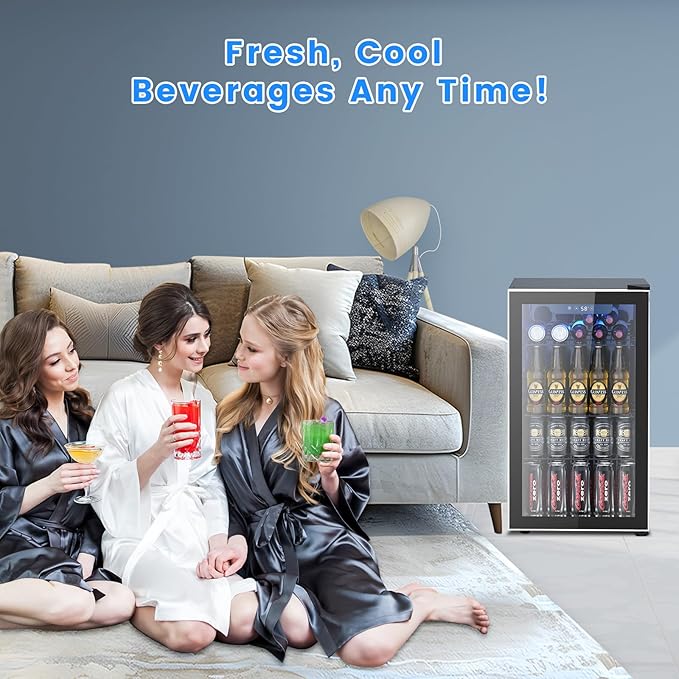 26 Bottle Wine Cooler 130 Can Beverage Refrigerator, Small Freestanding Cabinet Wine Cellar with 40℉-61℉ Temperature Control Glass Door, Black-DeskLoop Office