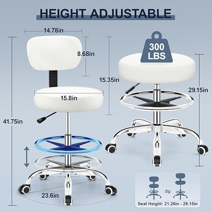 Drafting Chair with Backrest – Adjustable Foot Rest Rolling Stool with Wheels, PU Leather Swivel Stool for Office Spa Studio Lab Counter Salon Home Work Bar Kitchen Shop(White)-DeskLoop Office