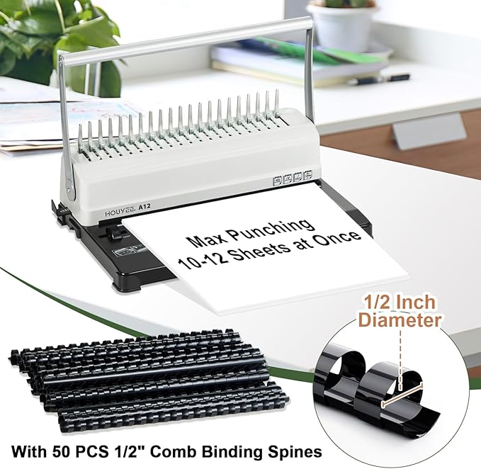 HOUYEE Manual Comb Binding Machine,19 Holes, 450 Sheets,Paper Punch Comb Binder Machine with 50 PCS 1/2" Comb Binding Spines, Fit for Letter Size Paper-DeskLoop Office