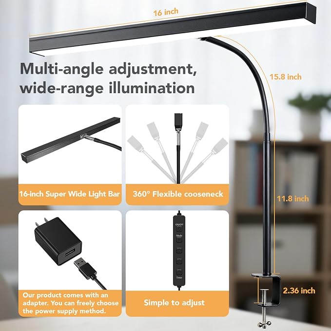 LED Desk Lamp with clamp, Remote Control Desk Lamp, 5 Color Modes & 10 - Image 3