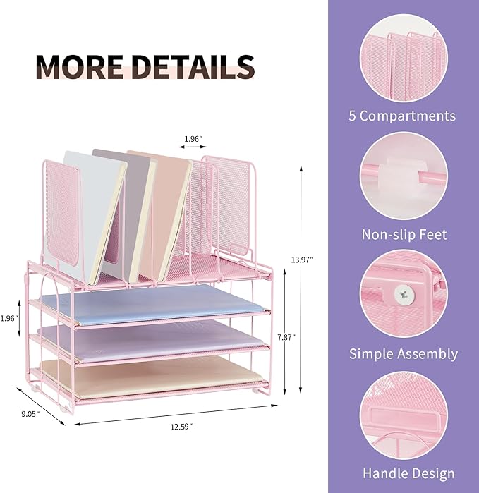 Paper Desk Organizer, 3-Tier Letter Tray with 5 Vertical File Holders, Multifunction Desktop Folder Organizers and Accessories for Home Office(Pink), LK-3CB