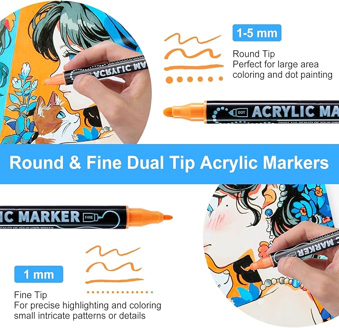100 Colors Waterproof Dual Tip Acrylic Paint Pens, Dot & Fine Tip Premium Coloring Drawing Markers Set for Wood, Rock, Canvas, Glass, Ceramic Surfaces and DIY Crafts Making Art Supplies-DeskLoop Office