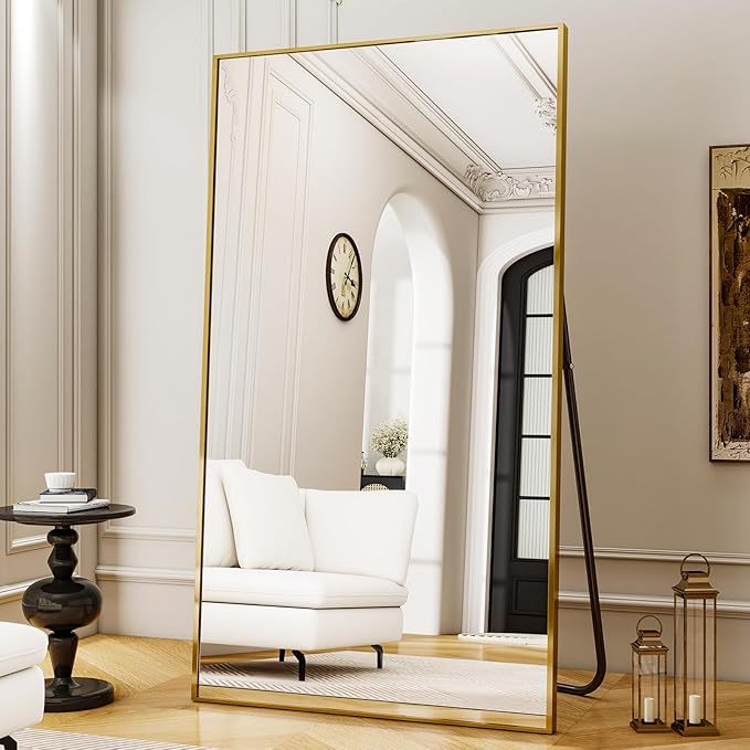 Full Length Mirror with Stand 38"x77" Full Body Mirror Floor Mirror Standing Hanging or Leaning Wall, Wall Mirror with Stand Aluminum Alloy Frame for Living Room Bedroom Cloakroom,Gold-DeskLoop Office