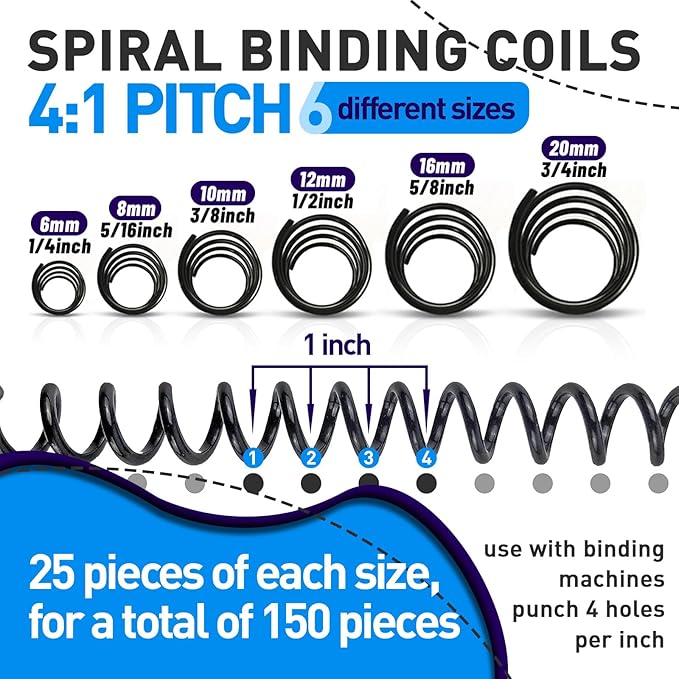 150 Pack Spiral Binding Coils, 4:1 Pitch Plastic Binding Coils Kit, 6 Different Sizes Spiral Coils for Binding 1/4", 5/16", 3/8", 1/2", 5/8", 3/4", Black Binding Spirals-DeskLoop Office