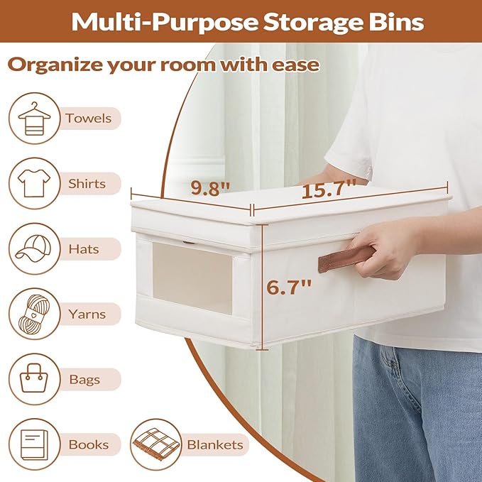 Fabric Storage Bins with Lids, Collapsible Closet Organizer with Sturdy Handles, Clear View Window, Stackable Storage Baskets for Clothes, Towels, Books, Hand Pull Closet Organizer Boxes-2-Pack, Beige-DeskLoop Office
