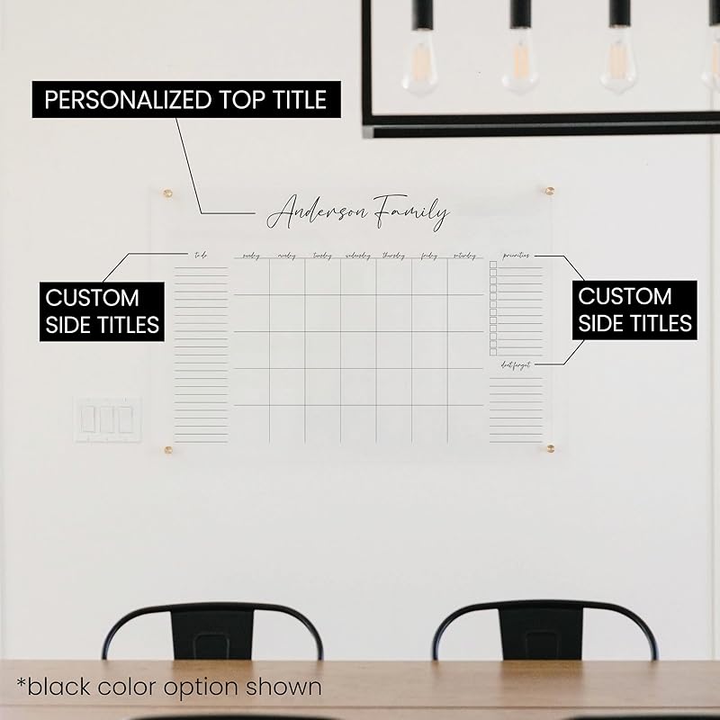 Personalized Clear Acrylic Calendar for Wall, Calendar Whiteboard for Wall, Dry Erase Wall Calendar, Wall Calendar Organizer System for Home (Cursive, White, 38"W x 26"H)