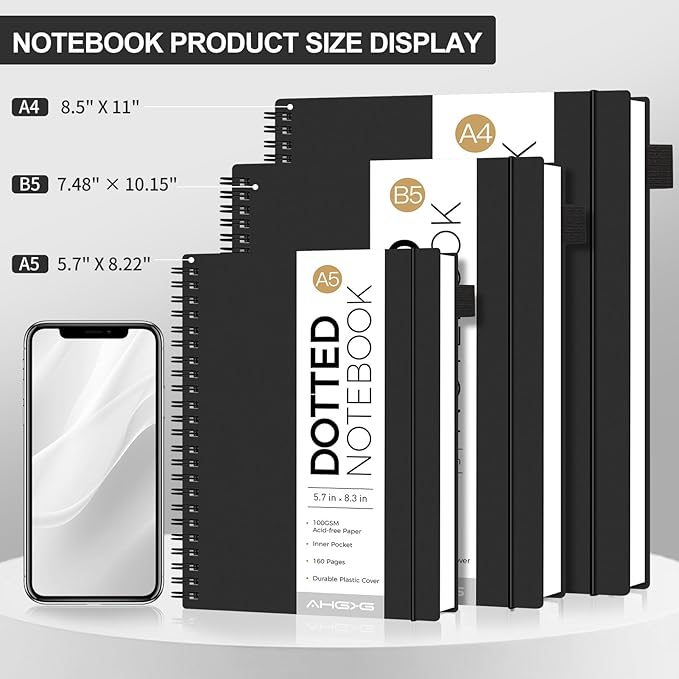 AHGXG Bullet Dotted Journal - Dot Grid Spiral Notebook 8.5" x 11", A4 Large Dotted Notebook, 100 GSM Thick Paper, Waterproof Plastic Cover Journals for Bullet Journaling, Sketching, Black-DeskLoop Office