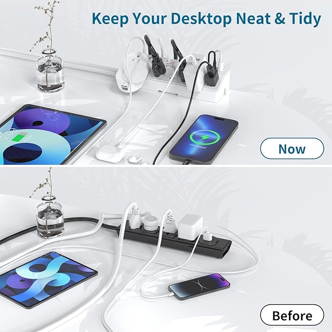 40W Fast Charging Station, Desk Clamp Power Strip, JXGUCAT Removable Desk Clamp Mount Power Strip Surge Protector, 2 USB-C Ports, 6 AC Outlets and 10ft Cord, Fits 1.8" Tabletop Edge-DeskLoop Office