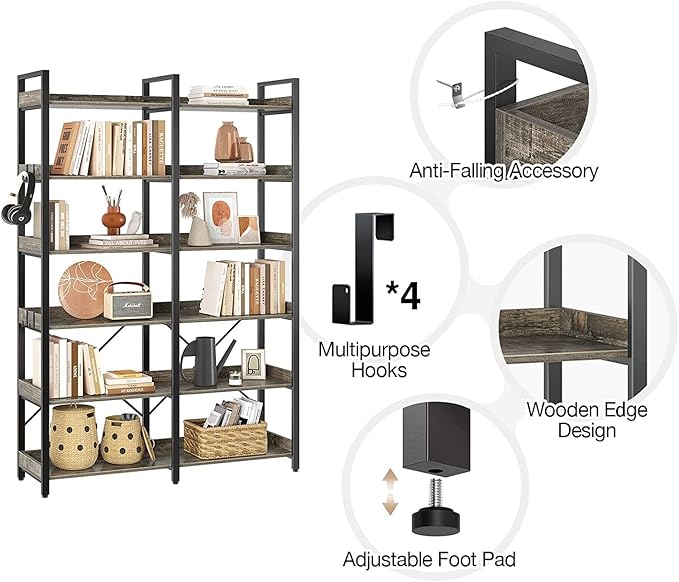 Seventable Bookshelf 6 Tier with 4 Hooks，67”Industrial Wooden Bookcase, Vintage Storage Rack with Open Shelves, Rustic Standing Bookshelves Metal Frame 43.3” Wide Display Rack, Gray-DeskLoop Office