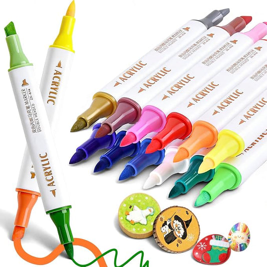 Coloring Acrylic Paint Markers, 24 Colors Dual Tip Chisel & Fine Art Paint Pens by Unknown