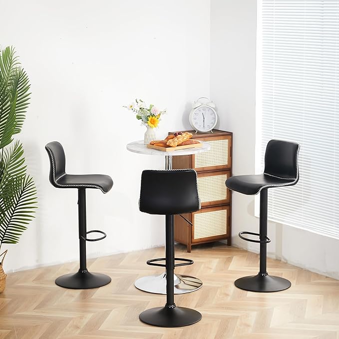 HeuGah Bar Stools Set of 3, Swivel Counter Height Barstools with Back, Adjustable Height 24" to 32", Black Faux Leather Bar Chairs for Kitchen Island (Black, Set of 3 (24'' to 32''))-DeskLoop Office