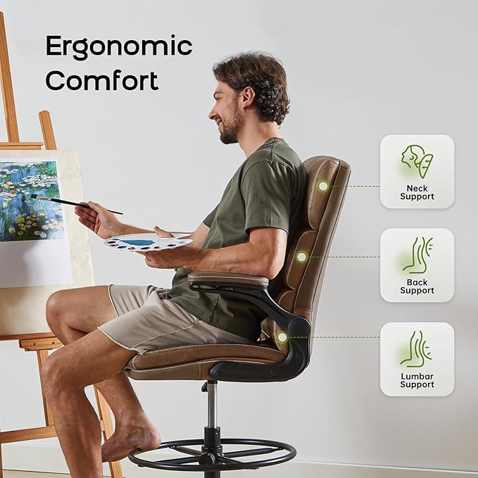 Drafting Chair Tall Office Chair with Padded Flip-up Armrests Executive Ergonomic Computer Standing Desk Chair with Comfortable Leather Backrest and Adjustable Footrest Ring (Tan)-DeskLoop Office