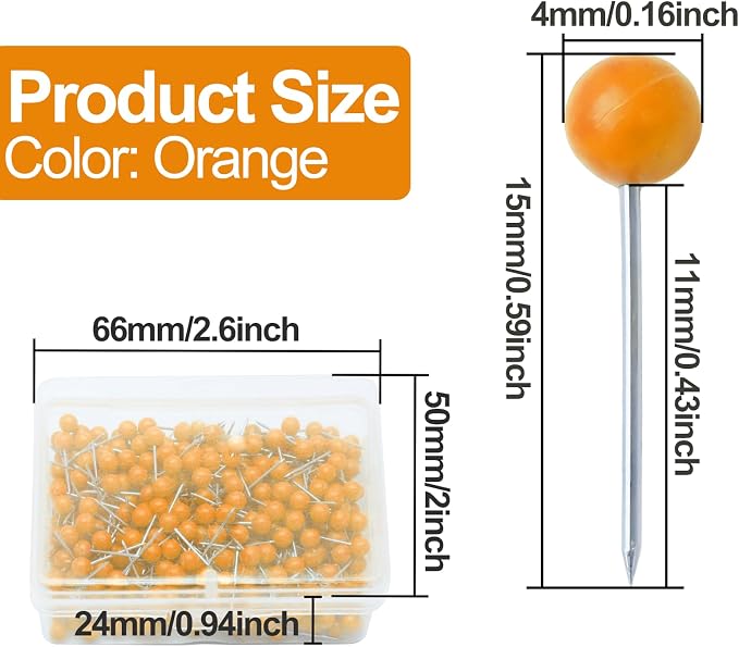 500Pcs Orange Map Pins, 1/8 Inch Map Tacks, Round Ball Head Map Push Pins - Image 2