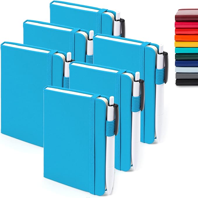 feela 6 Pack Pocket Mini Notebooks Bulk, Small Cute Memo Notepads Hardcover College Ruled Lined Journals with Pen Holder for School Business Work, with 6 Black Pens, 3.5”x 5.5”, A6, Teal-DeskLoop Office