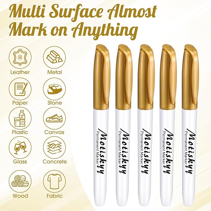 180 Pcs Metallic Permanent Markers Bulk Fine Point Metallic Markers Pens for Fabric, Black Paper, Cards, Scrapbook, Wood, Plastic, Canvas, Mugs, DIY Art Crafts, Etc(Gold)-DeskLoop Office